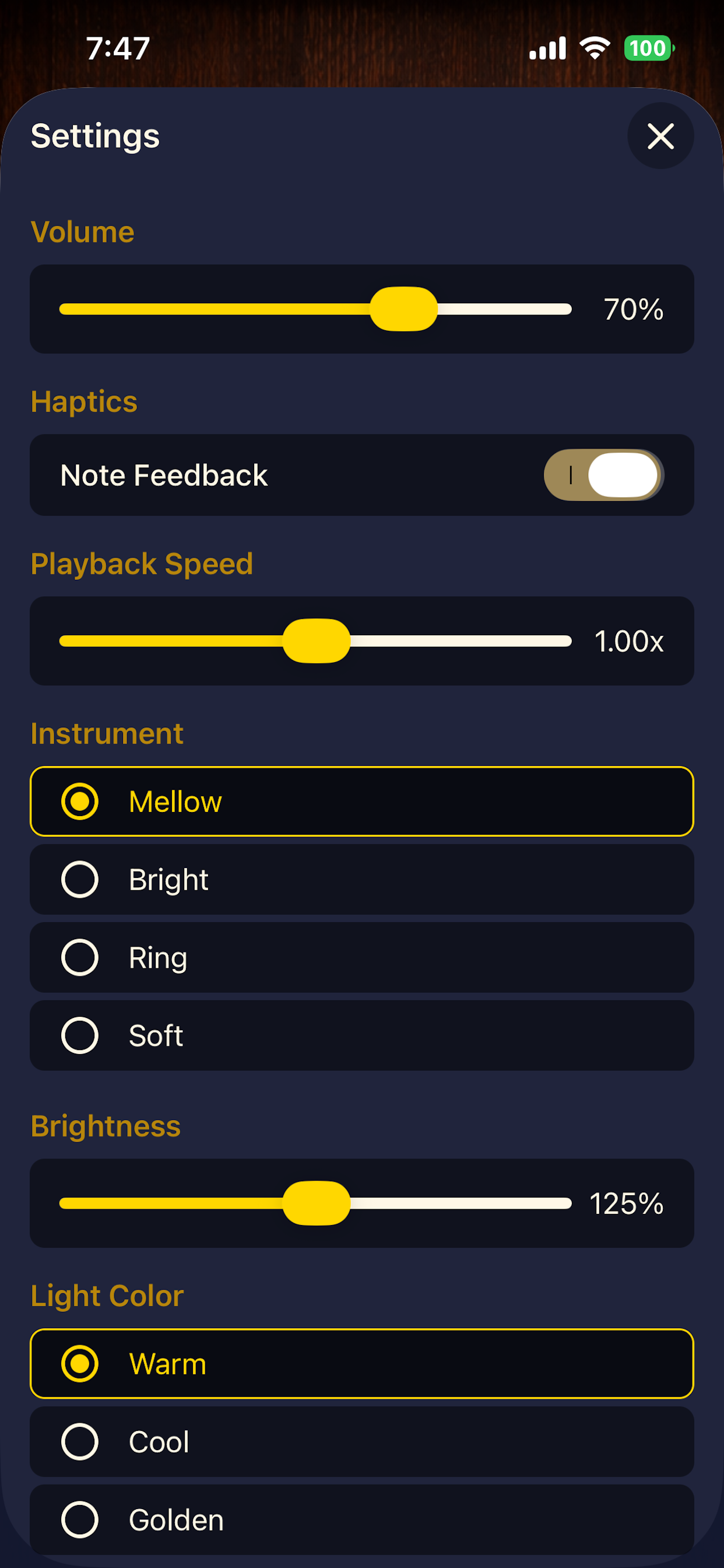 LullaBox — settings with playback speed, lighting themes, and MIDI import