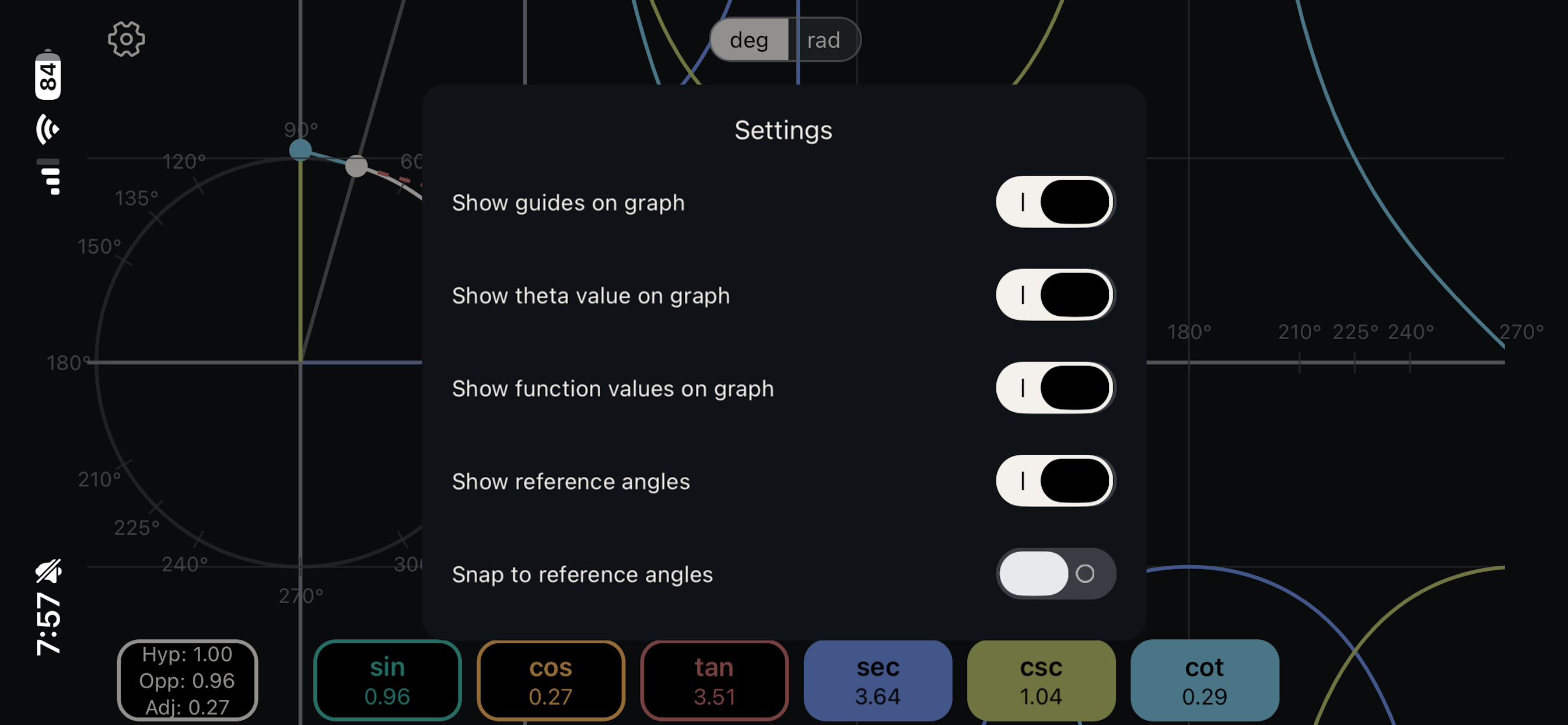 Touch Trigonometry — settings panel with display options